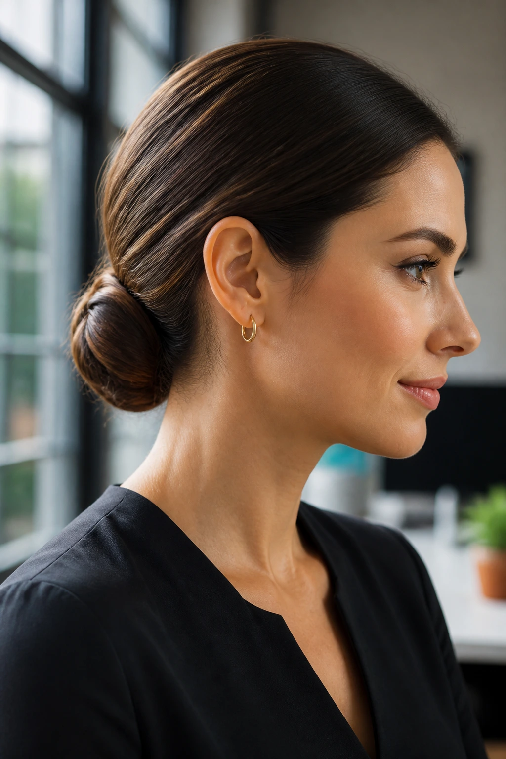 Close-up of a woman with a rolled ponytail tuck
