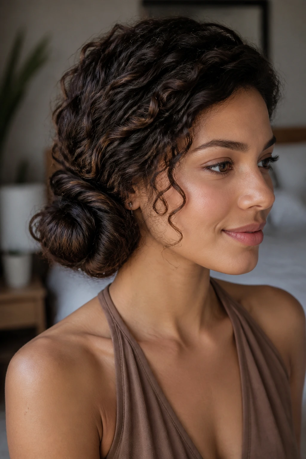 Close-up of real woman with rolled side chignon in curls