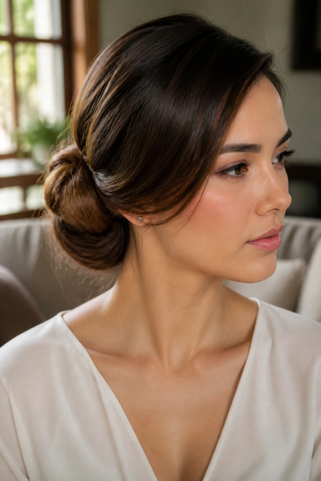 Portrait of a real woman with a rolled-side low bun and soft curve