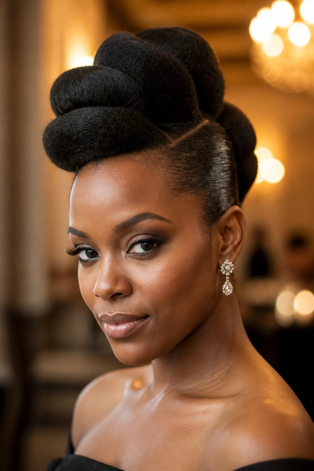 Real person with rolled-side updo Mohawk in a sophisticated indoor setting