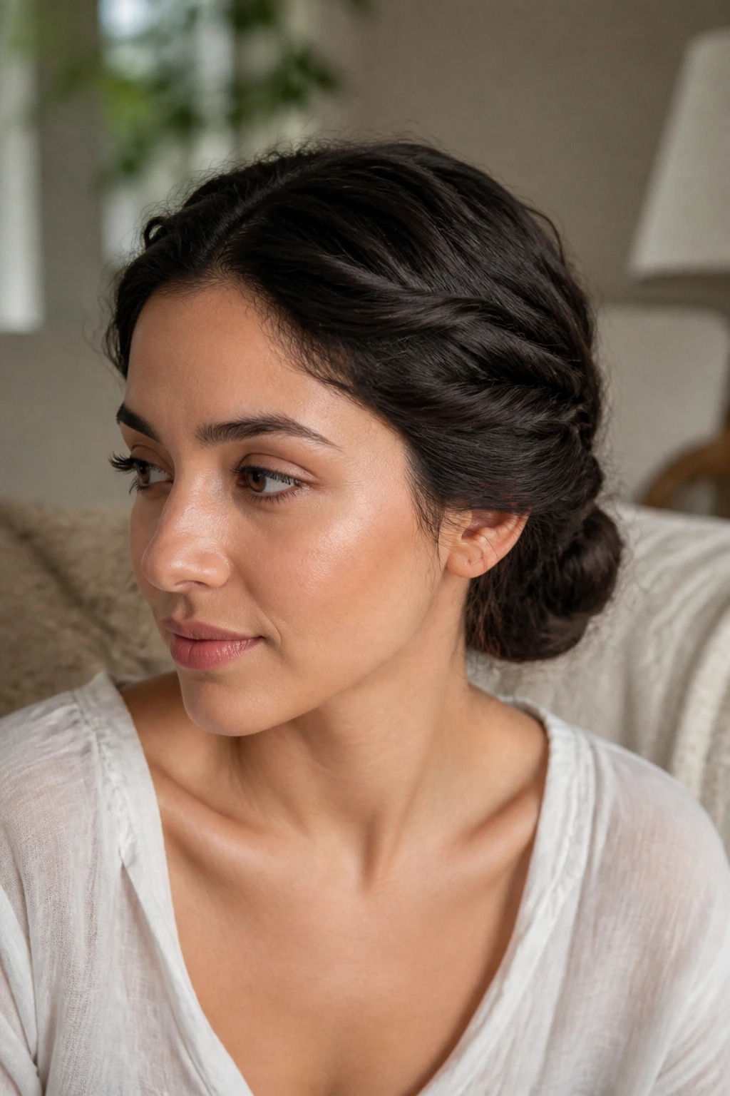 Close-up of a real woman with rolled sides into a low bun