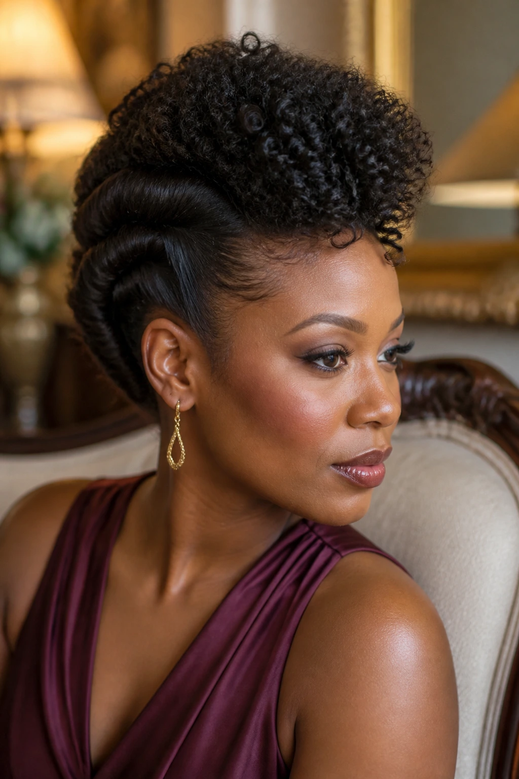 Close-up of a real woman wearing a Rolled Tuck Updo Mohawk with tucked sides.