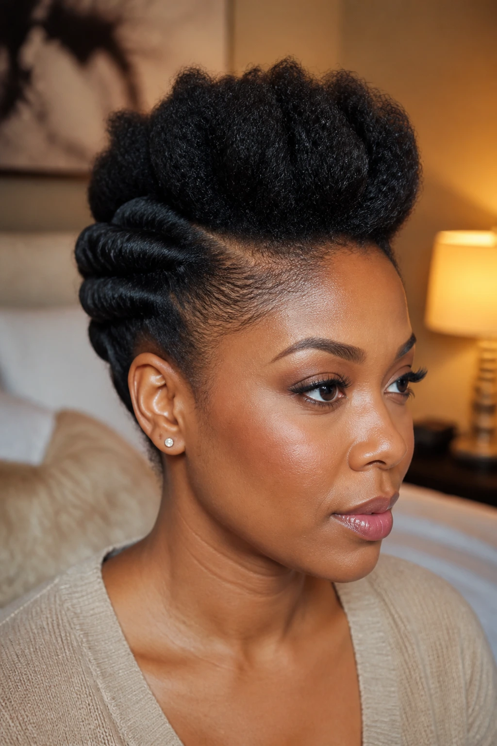 Close-up of rolled tuck mohawk with pinned sides on a real person
