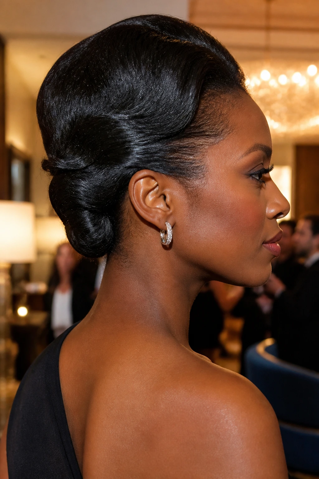 Close-up portrait of a real Black woman with rolled tuck at the nape