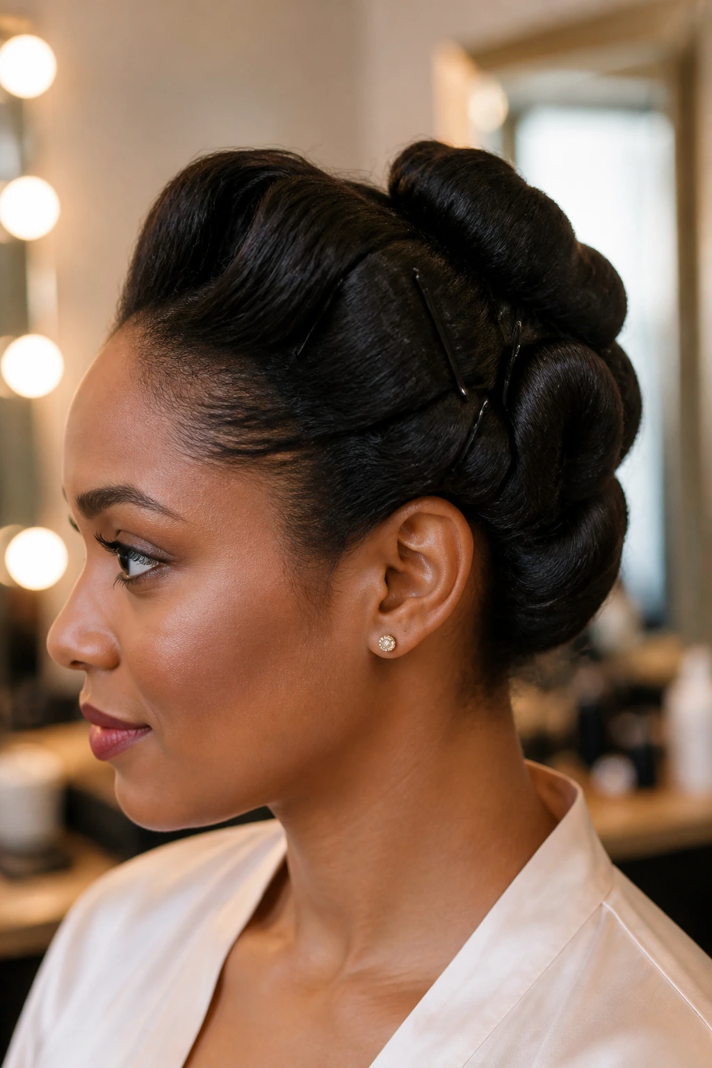Close-up portrait of a real Black woman with a rolled tuck-and-pin updo