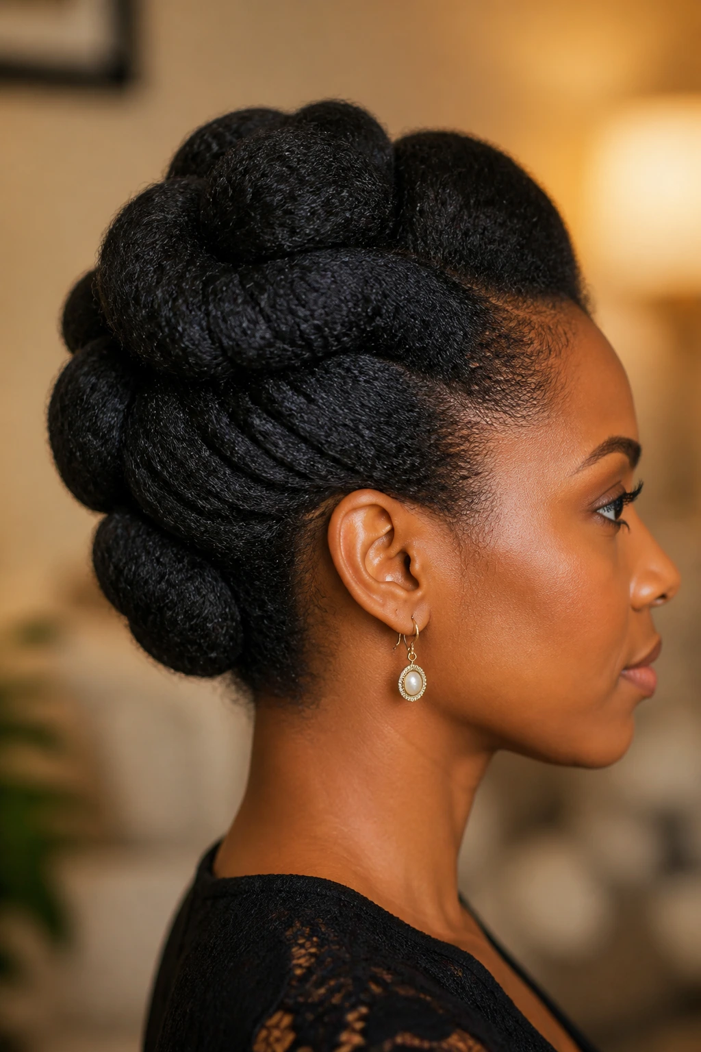 Side-profile of a real person wearing a rolled tuck protective updo.