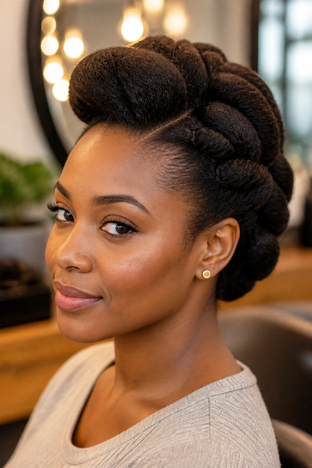 Portrait of a real Black woman with a rolled, tucked, pinned updo.