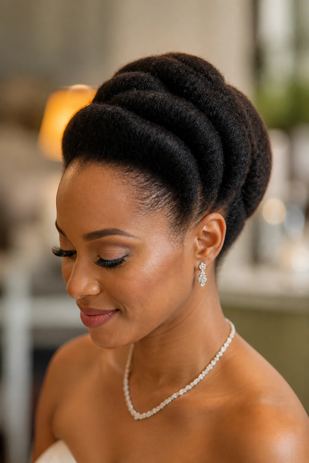 Close-up of a real woman with a rolled and tucked updo