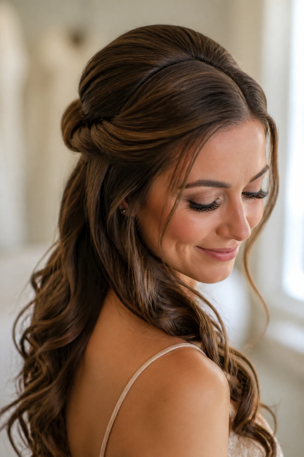 Close-up of real woman with rolled twist half-up in a bridal suite