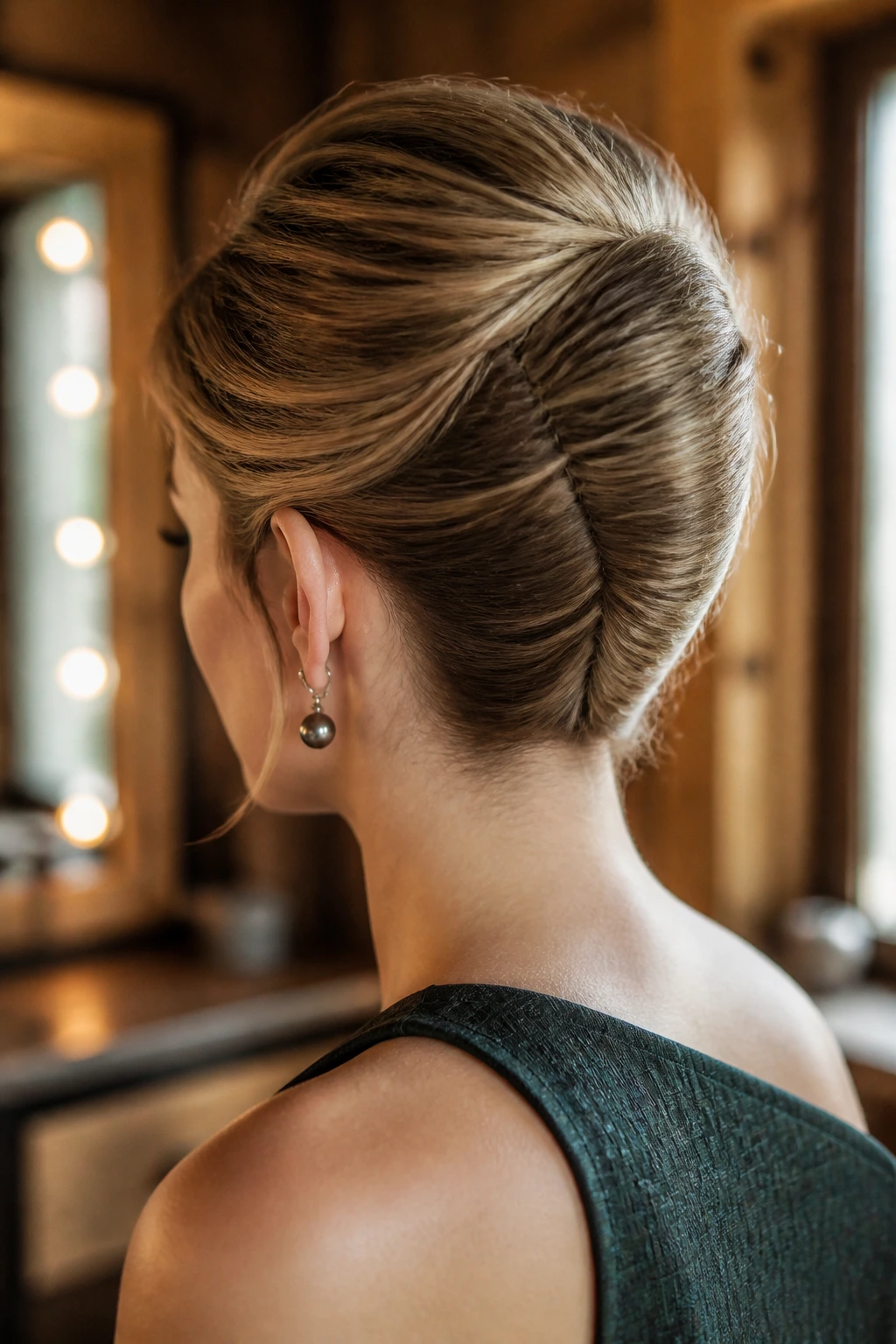 Close-up of a real woman with a rolled-under French roll at the back of her head, natural dressing-room lighting.