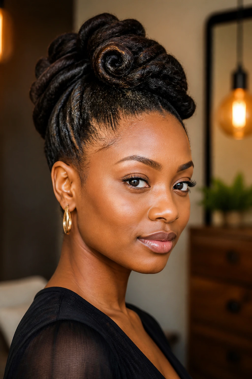 Close-up portrait of a Black woman with a rolled-updo in a warm indoor setting