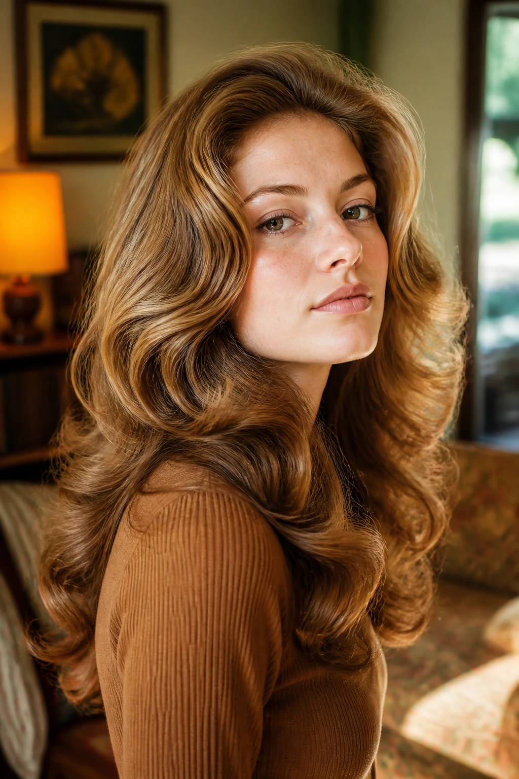 Close-up portrait of a real woman with voluminous roller-set style from roots to ends.