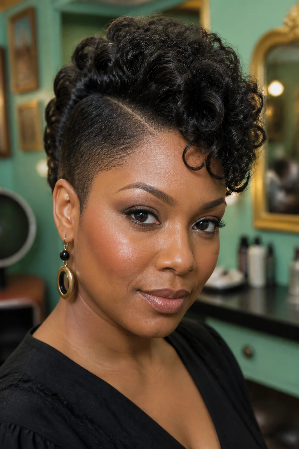 Close-up of a real person with roller-set curls creating a smooth mohawk ridge.