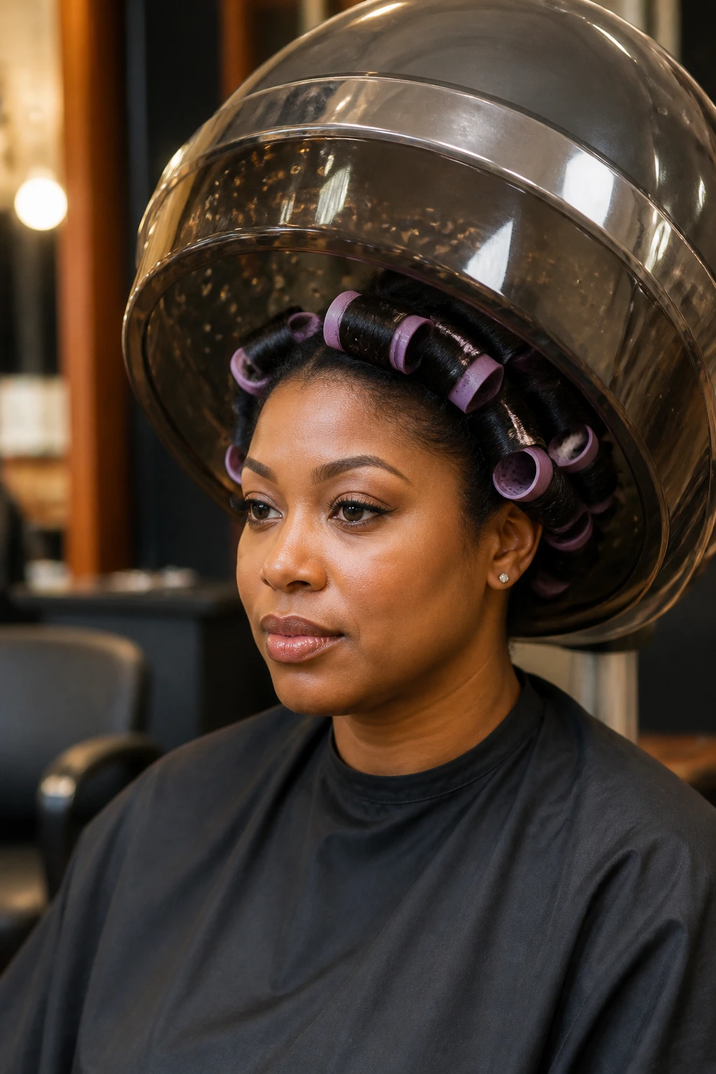 Portrait of a real person with roller-set under hooded dryer in a salon