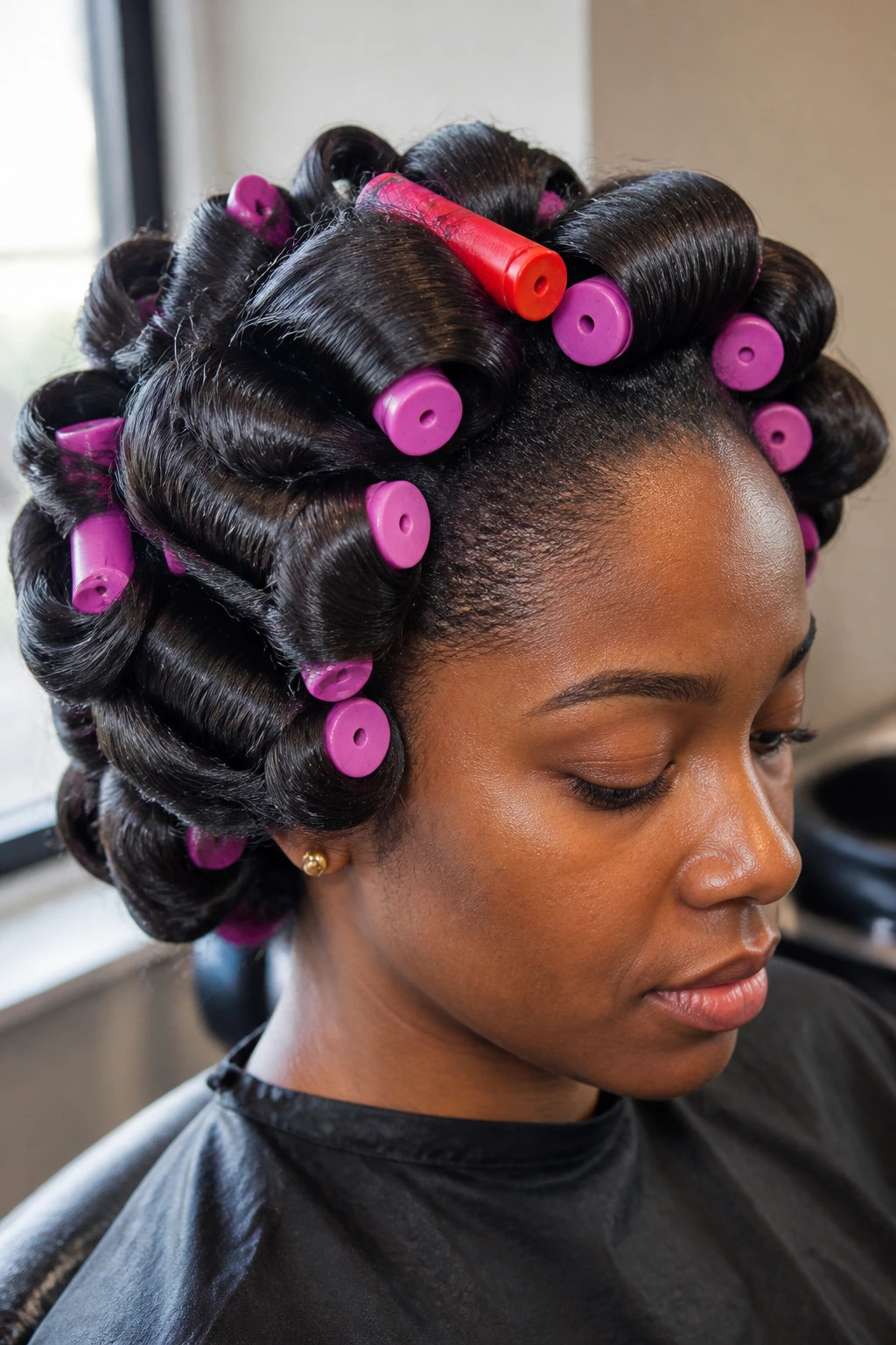 Close-up of a real woman with a stretched roller-set on 4c hair