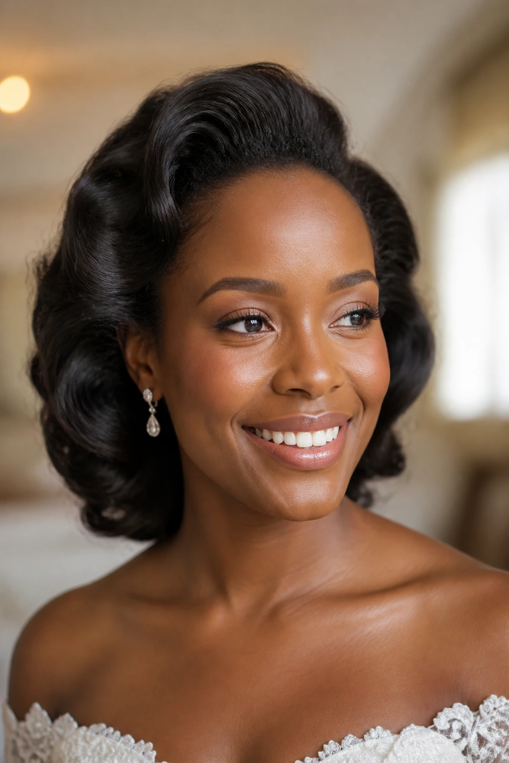 Bride with roller-set waves swept back, open-face look.