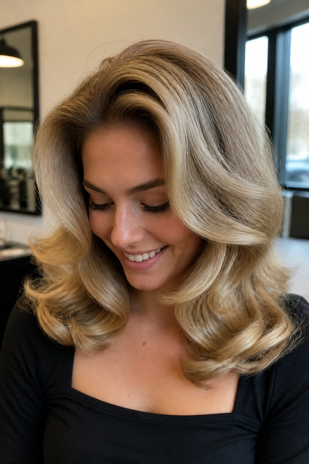 Woman with roller-set waves brushed out into soft, full-bodied waves