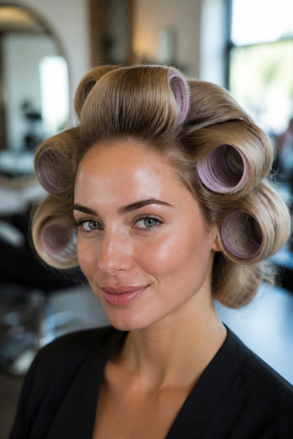 Woman with large rollers and soft beachy waves in bright salon light