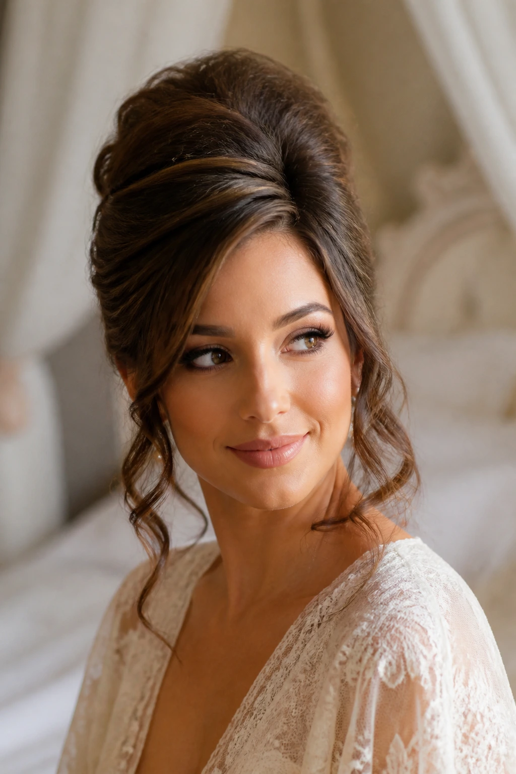 Close-up portrait of a woman with Romantic Beehive and loose tendrils under warm light