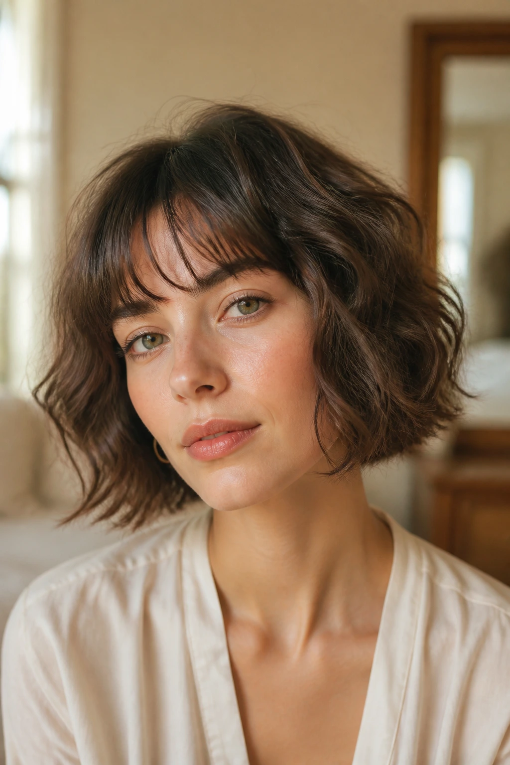 Portrait of a woman with a romantic wavy French bob and airy fringe