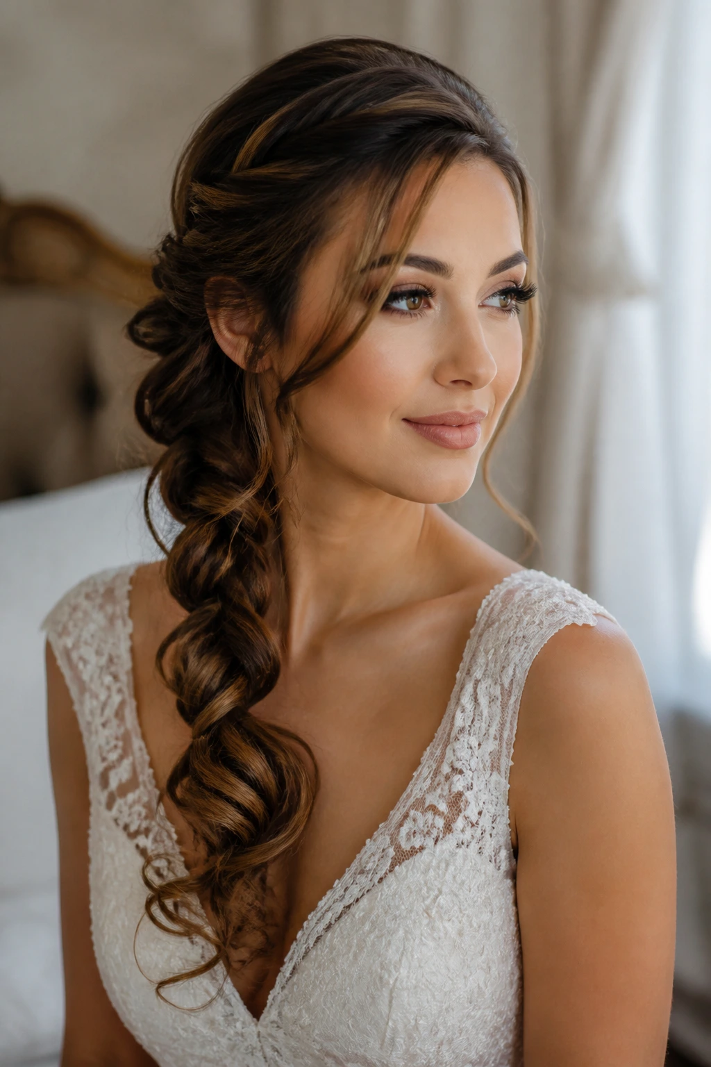 Bride with romantic side braid and curling ends