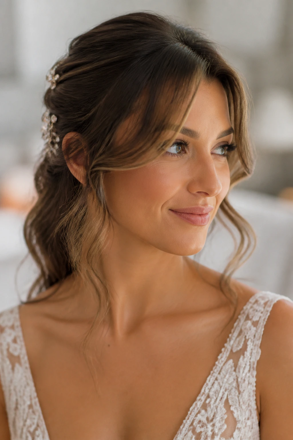 Close-up of a real woman with romantic bridal curtain bangs and pinned-back styling.