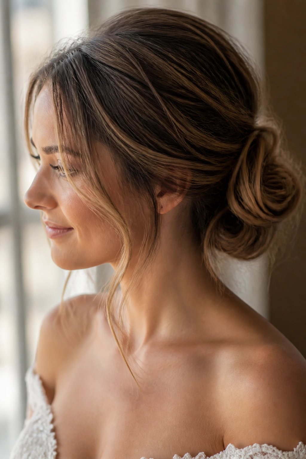 Soft romantic chignon with face-framing pieces on a bride