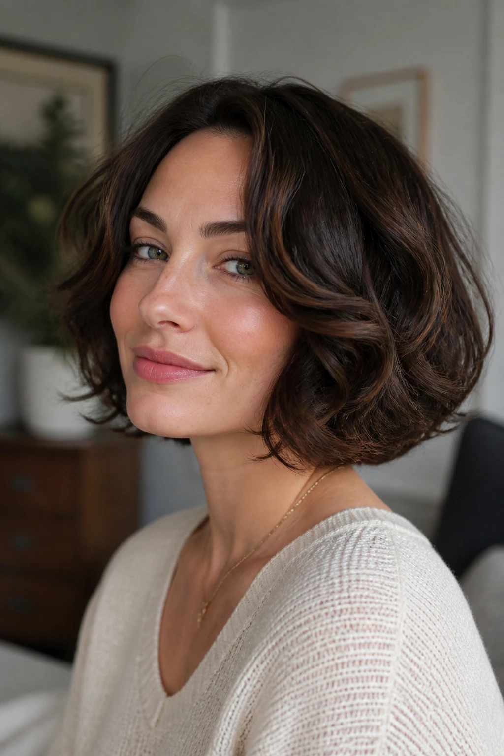 Portrait of a woman with romantic curled bob and loose barrel curls by a window