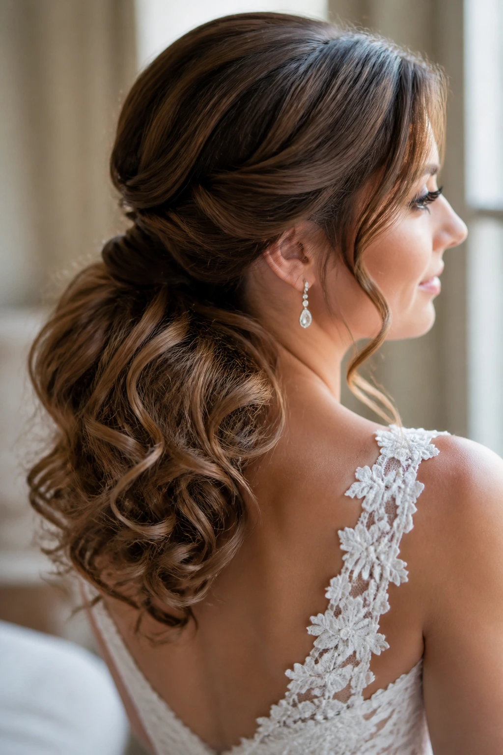 Bride with romantic curled low ponytail