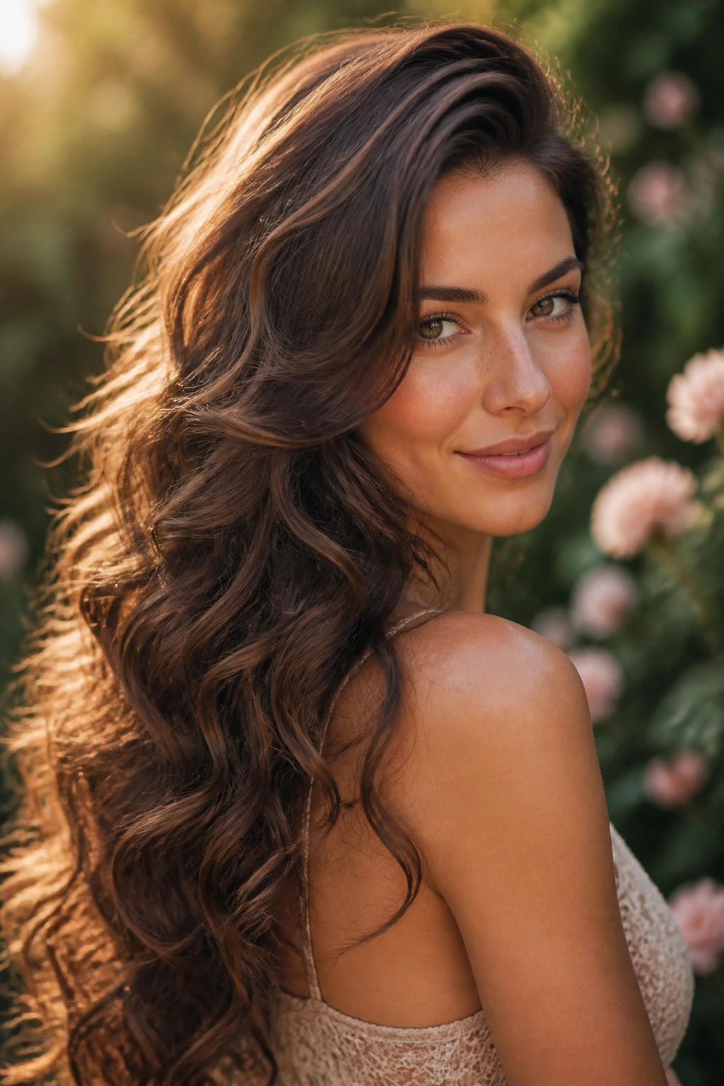 Real woman with long soft curls and side part