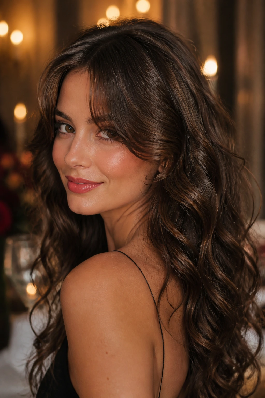 Close-up of a real woman with soft romantic curls and a split fringe softly framing the face.