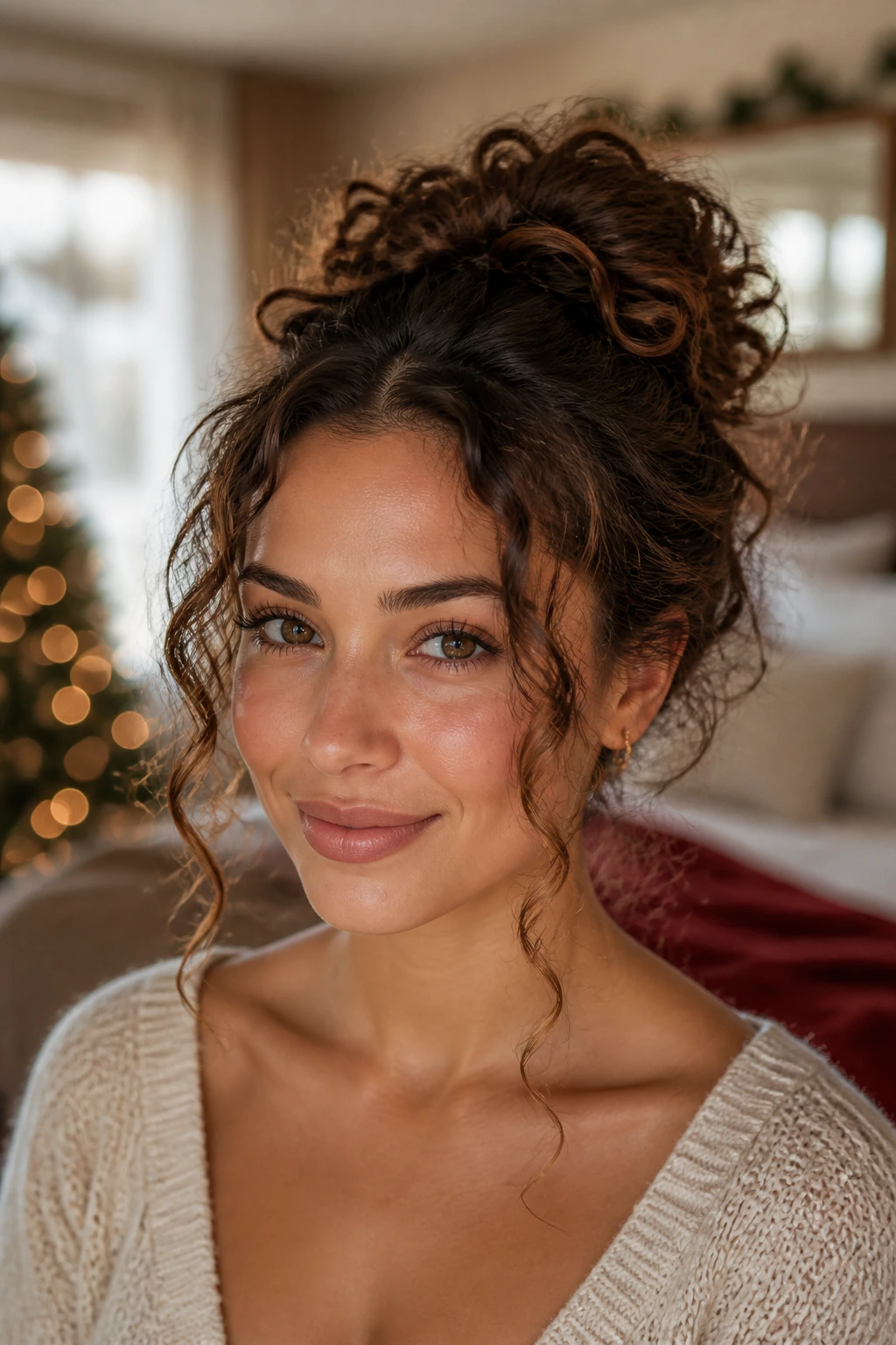 Close-up of real woman with romantic curly bun and face-framing curls