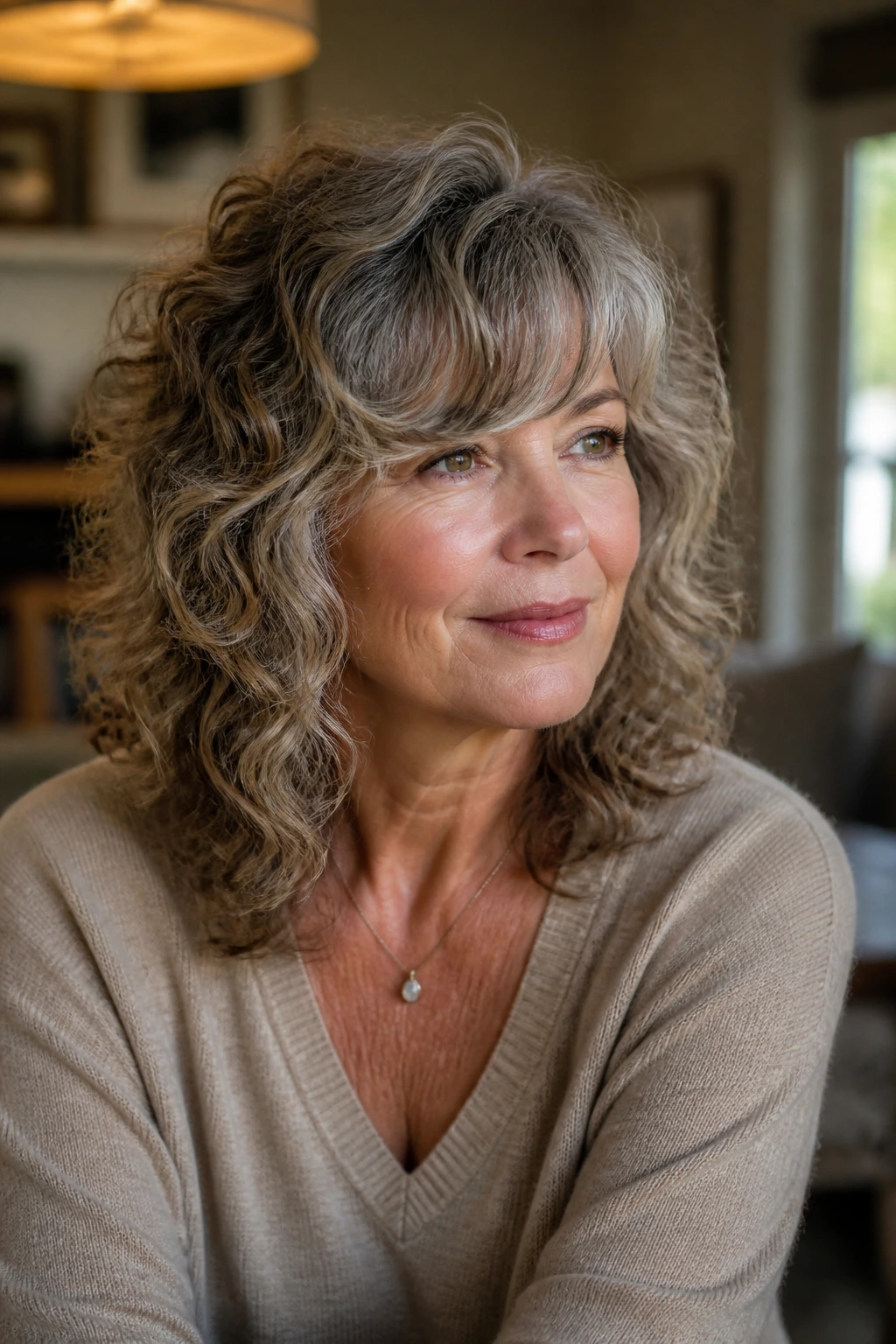 Three-quarter portrait of a real woman with romantic curly shag and side fringe