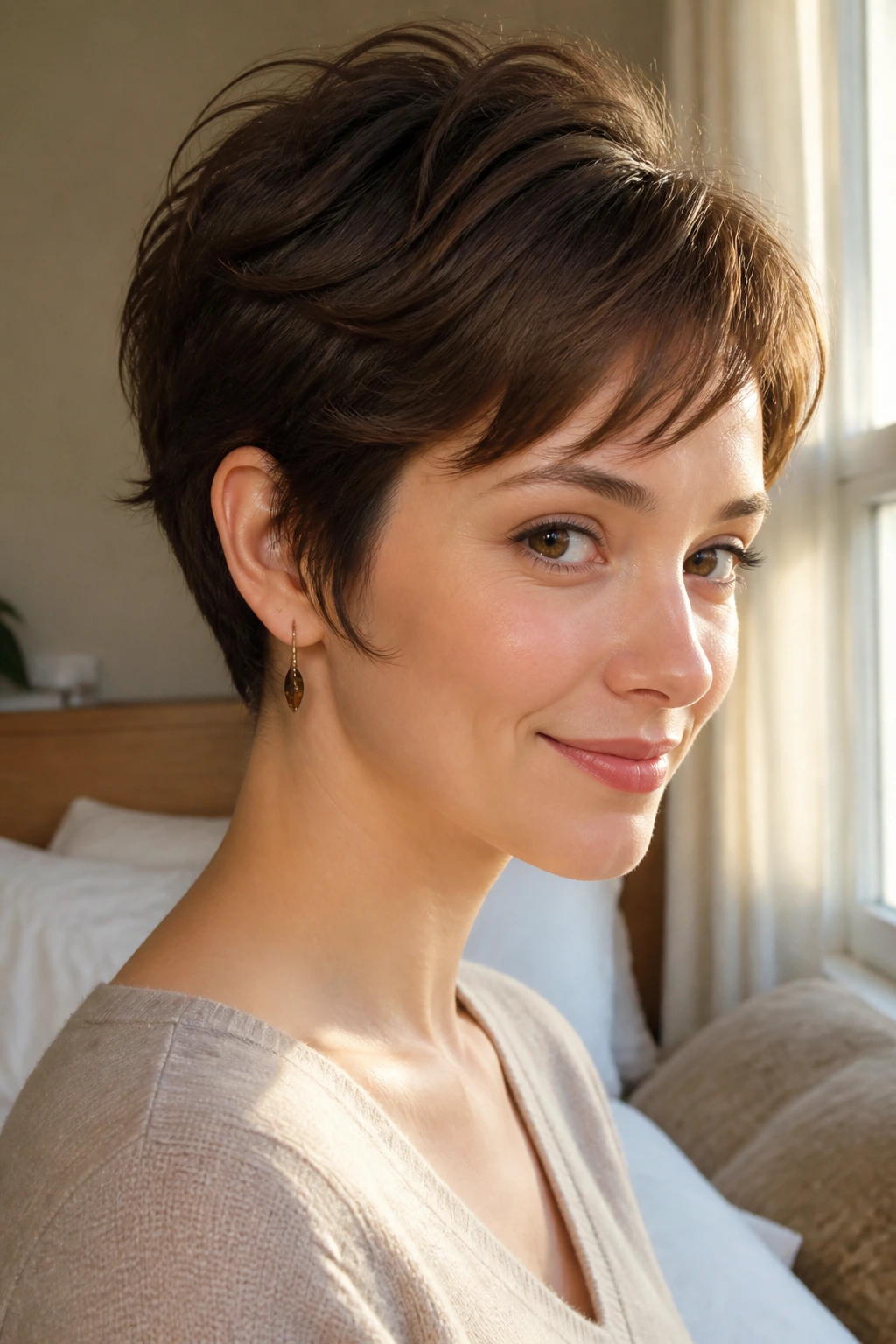 Portrait of a woman with romantic ear-length pixie hairstyle by a sunlit window