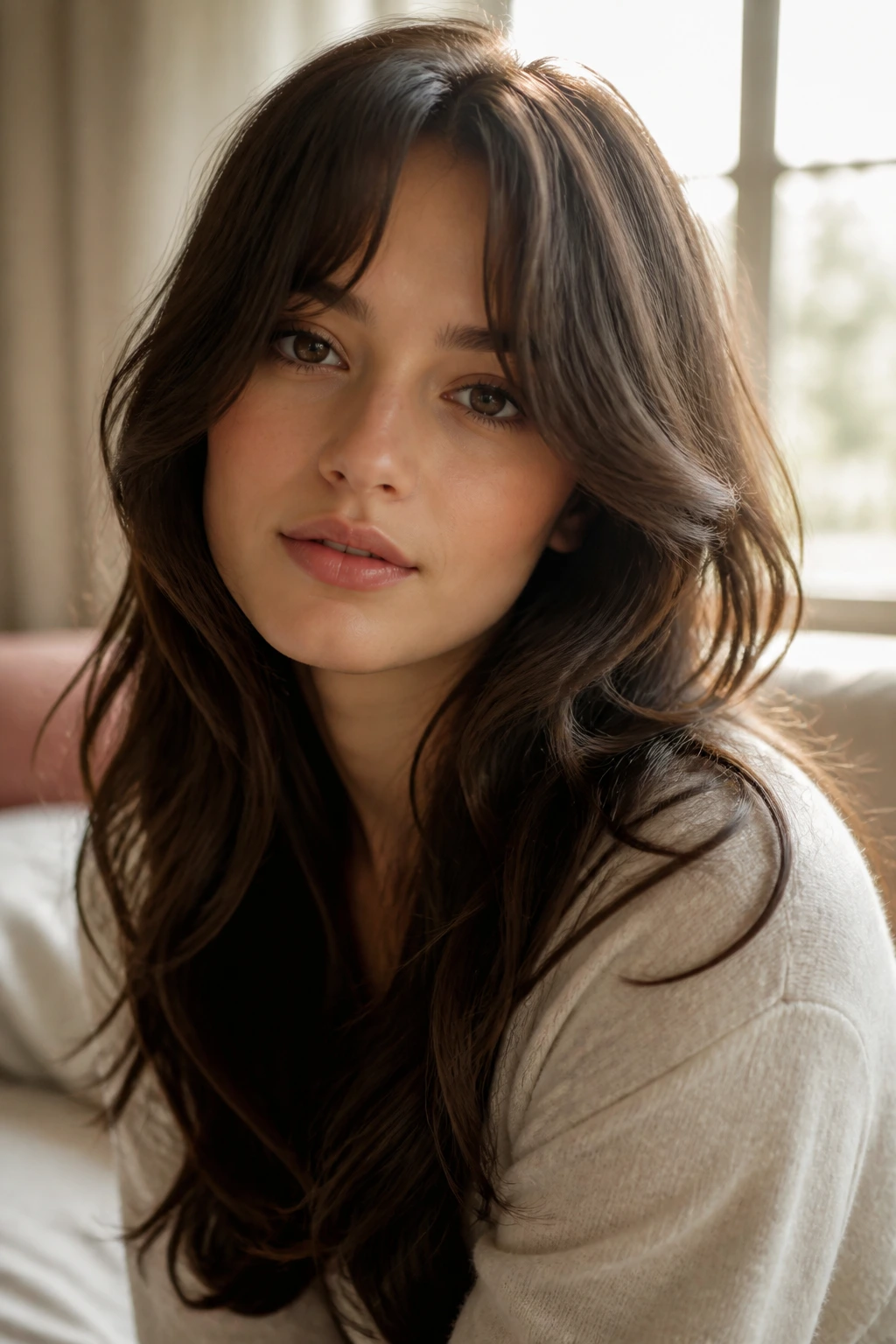 Close-up of a real person with soft curved romantic face-framing bangs around temples