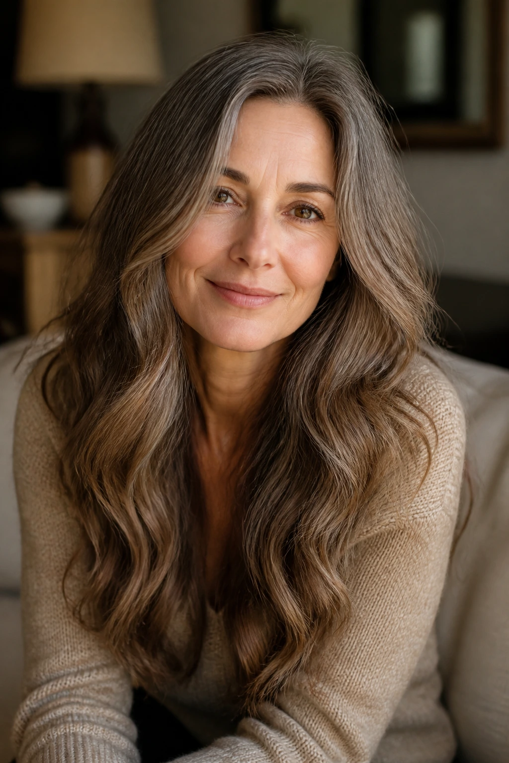 Portrait of a real woman with romantic long waves and minimal layers