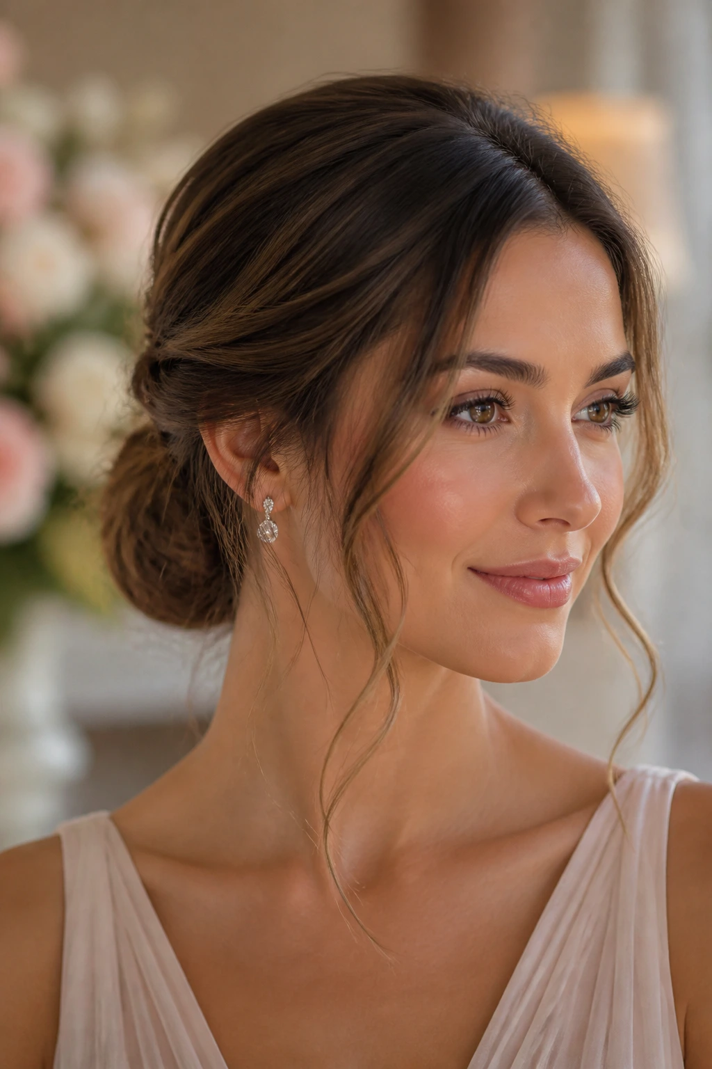 Close-up of a real woman with a romantic low bun and tendrils framing the face