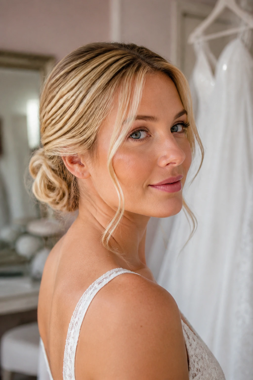 Close-up of romantic low knot with face-framing pieces on blonde hair