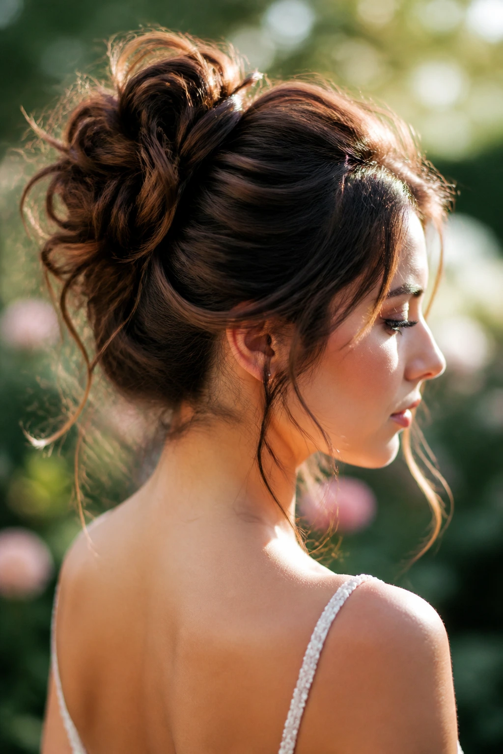 Close-up of a real woman with a romantic messy bun and loose tendrils in garden light