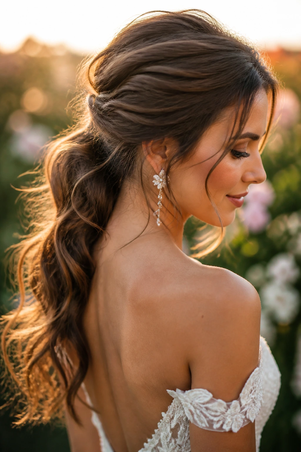 Bride with a romantic messy low ponytail in an outdoor garden at sunset