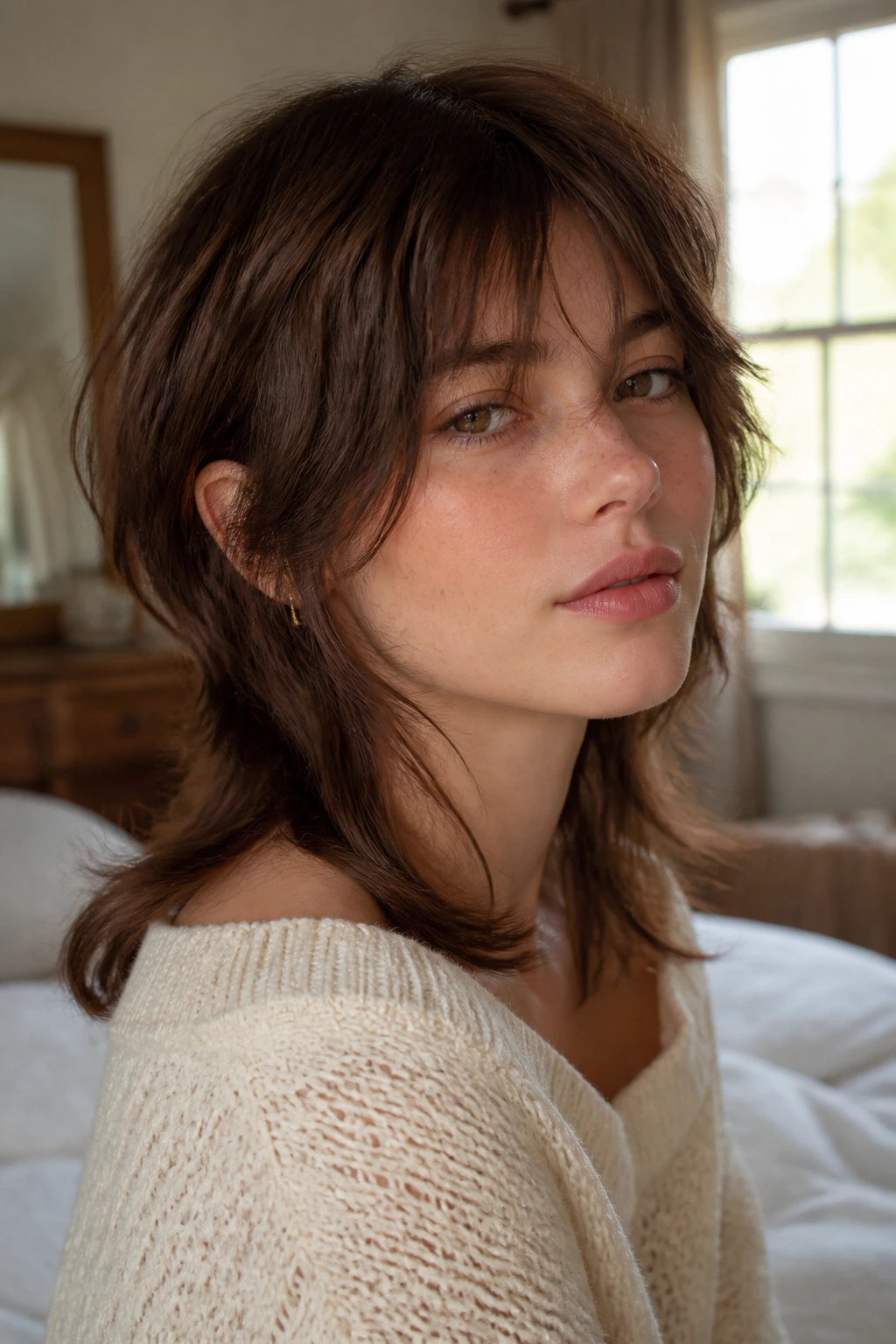 Close-up of a woman with a romantic soft mullet featuring wispy layers and a gentle fringe.