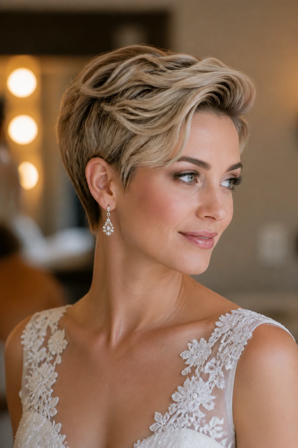 Bride with romantic pixie and longer top, swept-back style