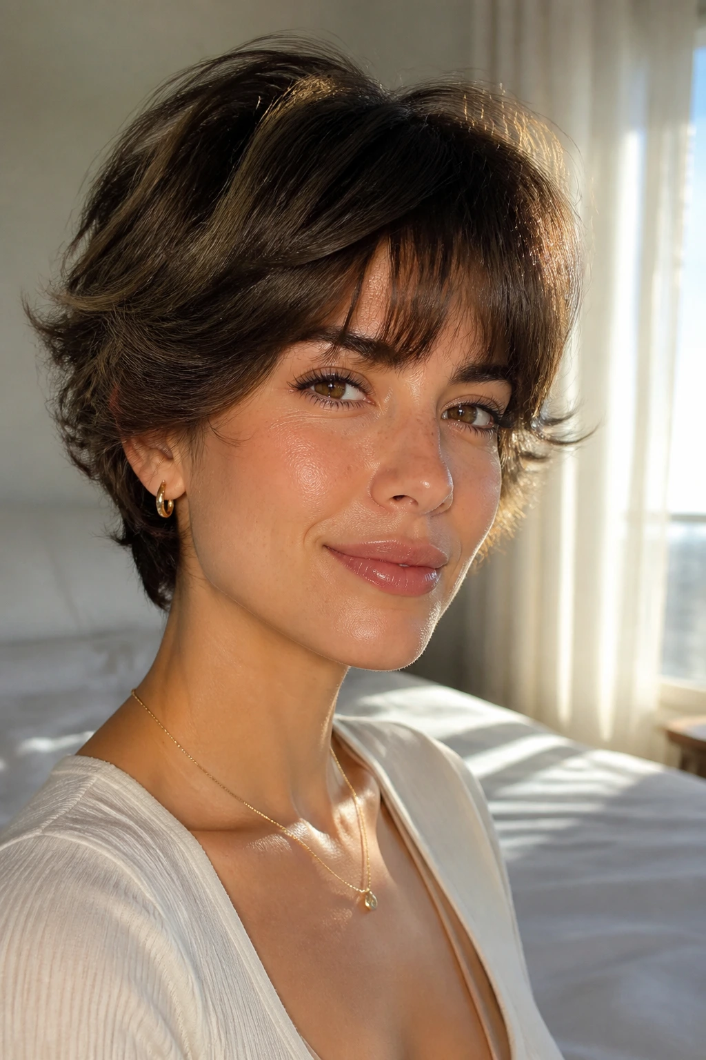 Close-up of a real woman with a romantic soft pixie and swept ends in sunlit room