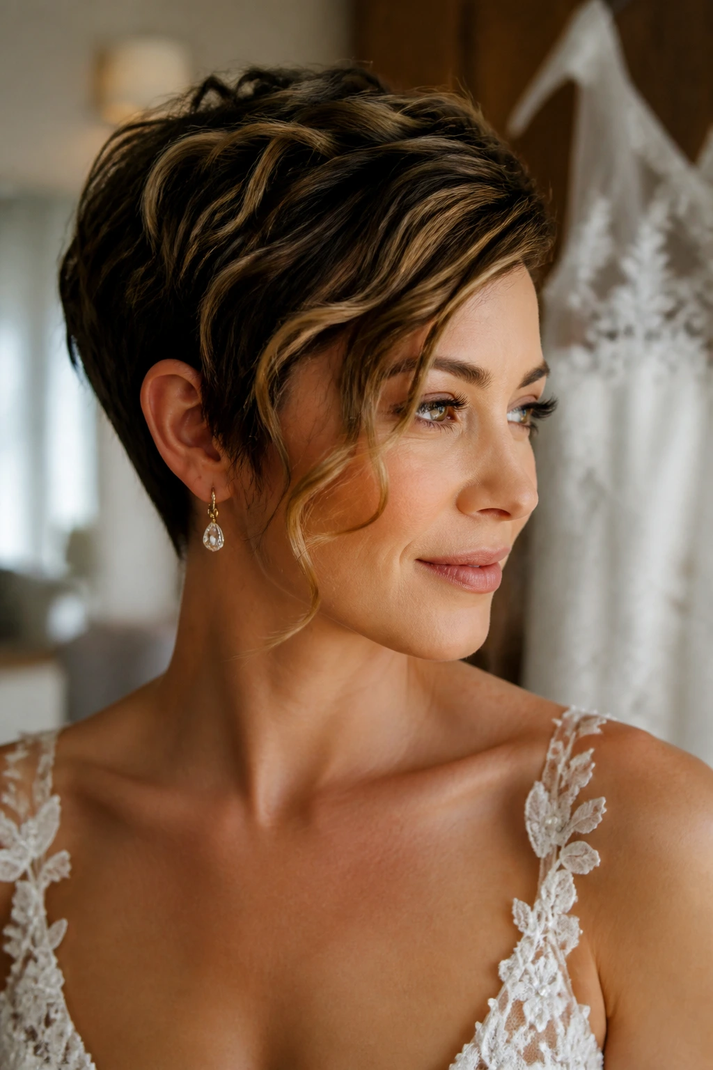 Bride with romantic pixie and soft face-framing tendrils