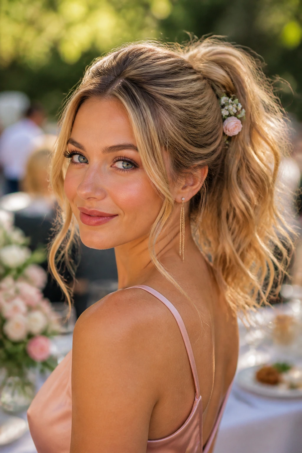 Portrait of a woman with a romantic ponytail and a small floral accent in garden light