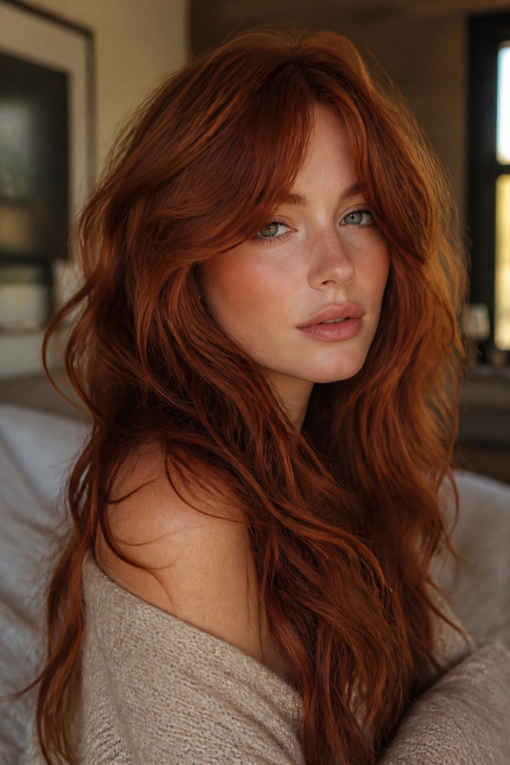 Close-up portrait of a woman with romantic long red shag featuring soft waves and face-framing layers.