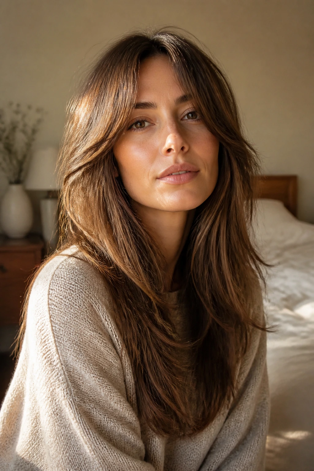 Close-up portrait of a real woman with Romantic Length Shag for Fine Straight Hair