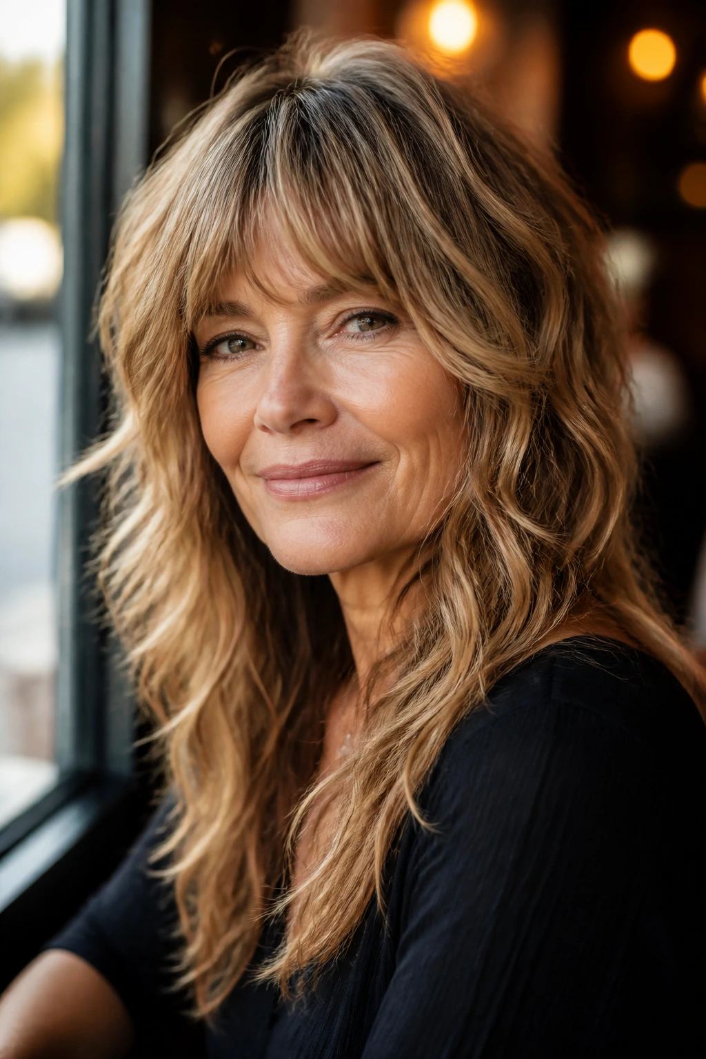 Real woman with romantic shag featuring soft bangs and long layers by window light