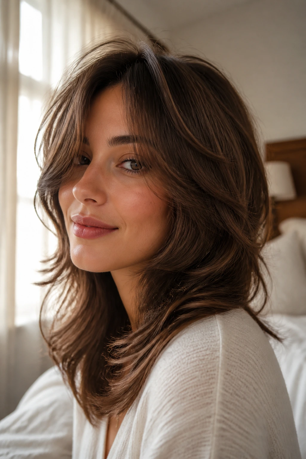 Close-up of a real woman with romantic shag and soft bends around the face