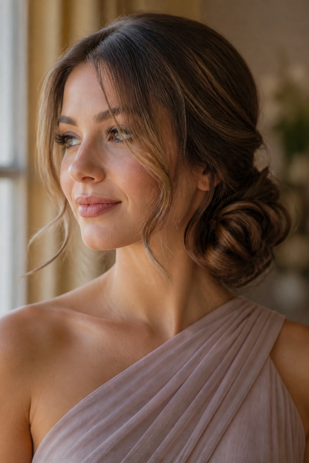 Close-up of real bridesmaid wearing a romantic side bun near the jawline